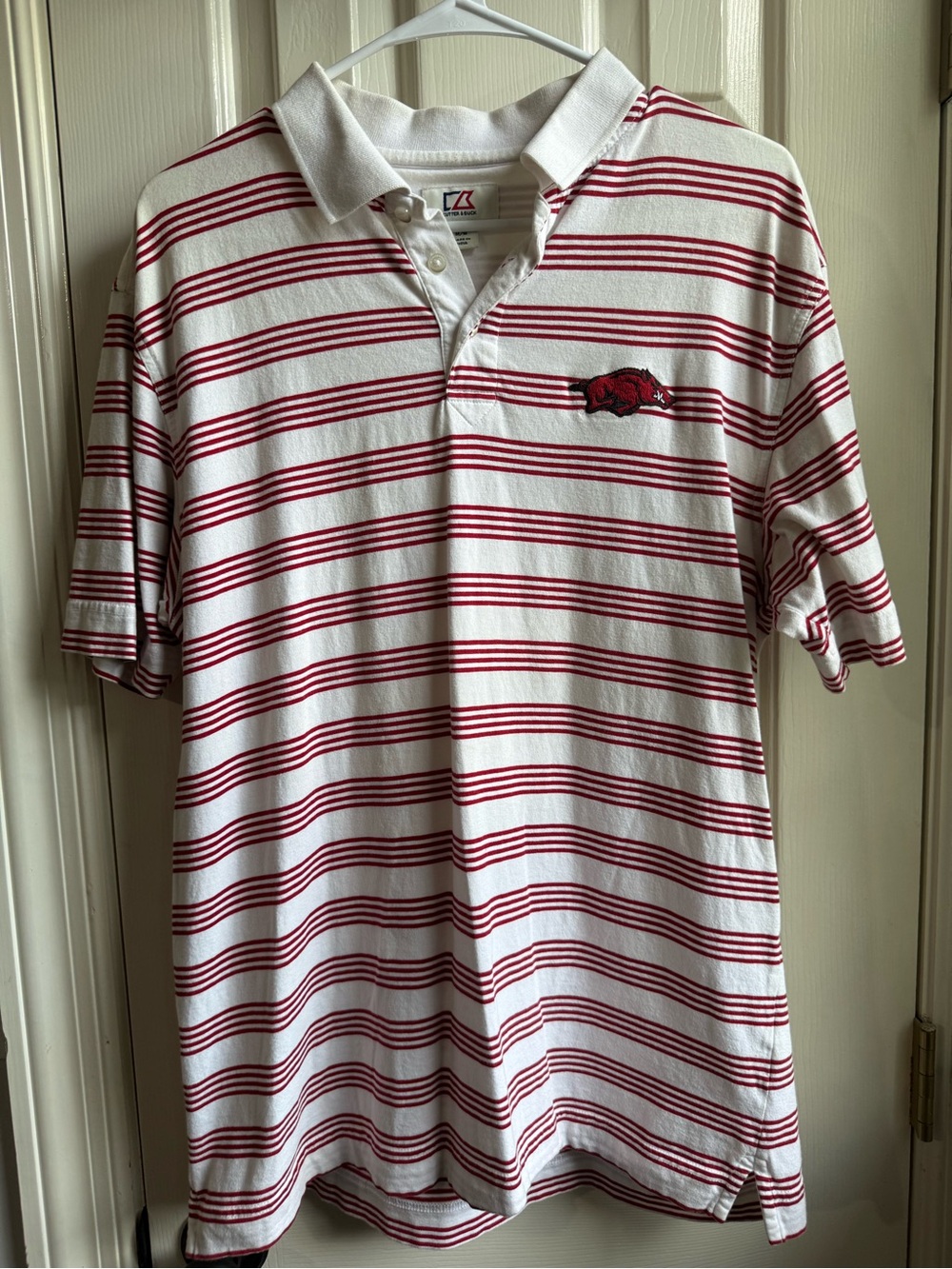 Arkansas Razorbacks Men's White & Red Striped Polo Shirt with Embroidered Logo